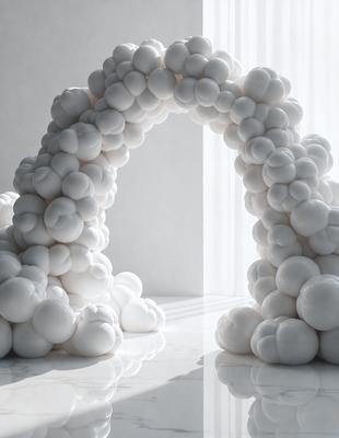 The primary subject of the image is a large white sculpture, which appears to be a modern art piece. The sculpture is made up of numerous white balls, creating a unique and visually striking design. The setting of the image is a white room, which provides a clean and minimalist backdrop for the sculpture. The visual style of the image is a combination of photo and digital art, as it captures the intricate details of the sculpture while also showcasing its artistic qualities. The colors and mood of the image are predominantly white, giving it a clean, serene, and contemporary feel.